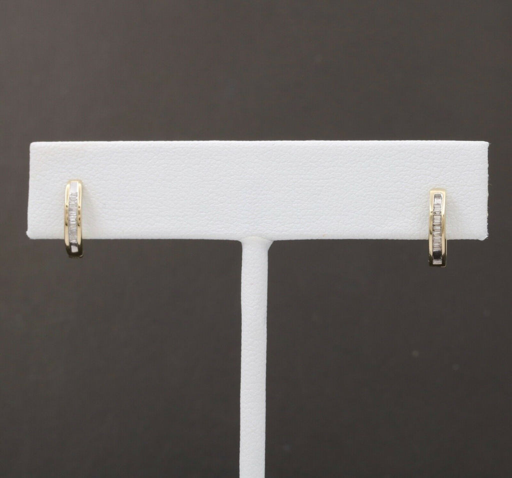 Cute Vintage Huggie Baguette Diamonds 10K Yellow White Gold Earrings