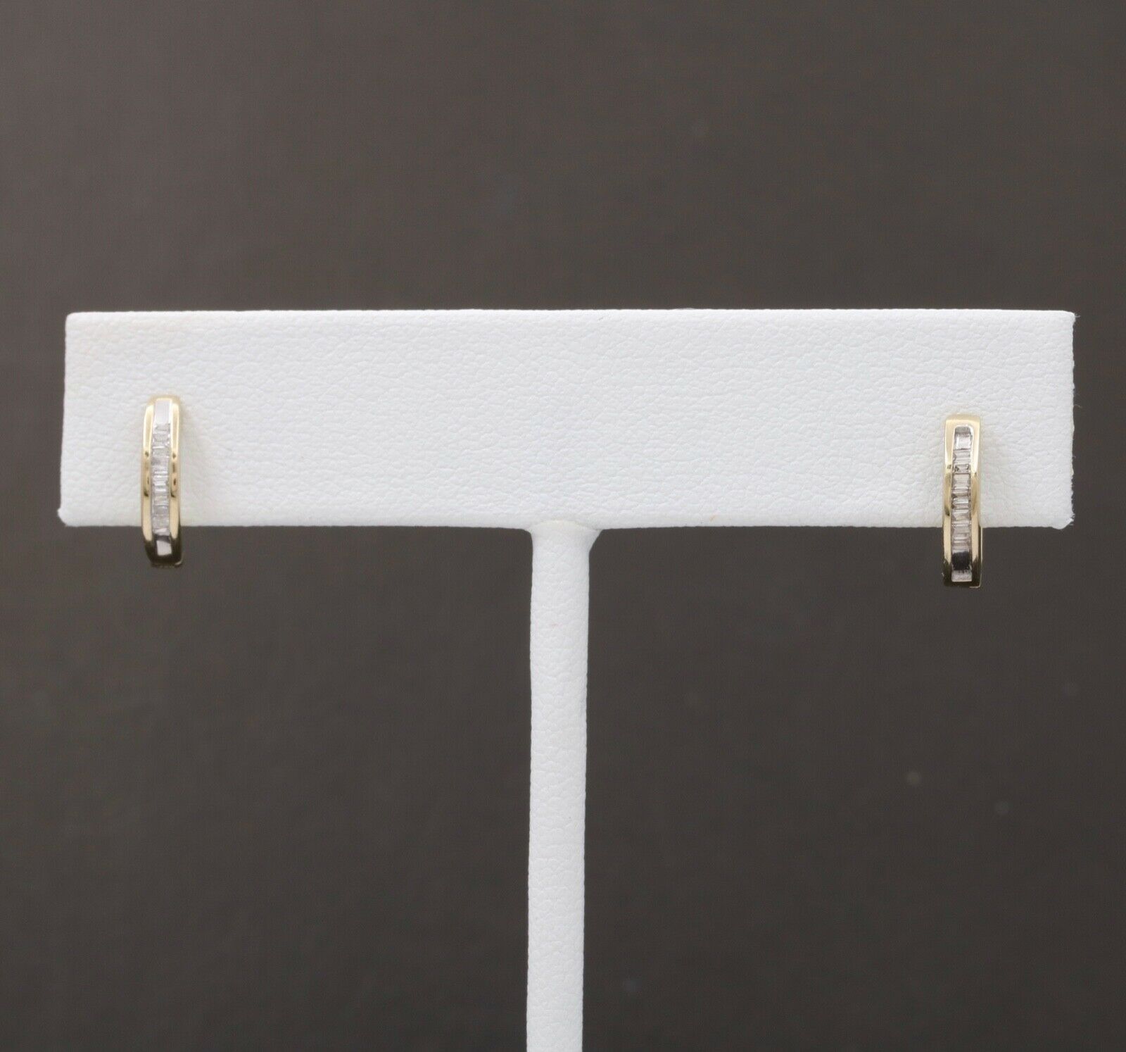 Cute Vintage Huggie Baguette Diamonds 10K Yellow White Gold Earrings