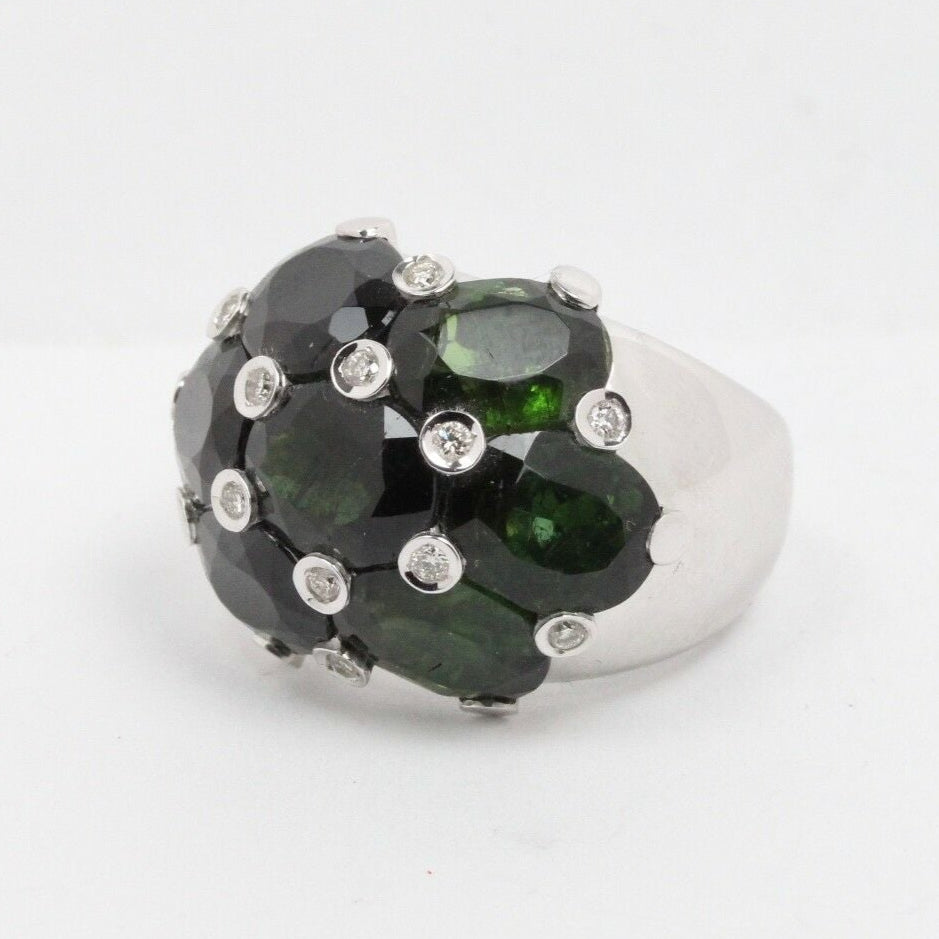 Vintage 18K White Gold  Green Tourmaline & Diamonds Dome Ring