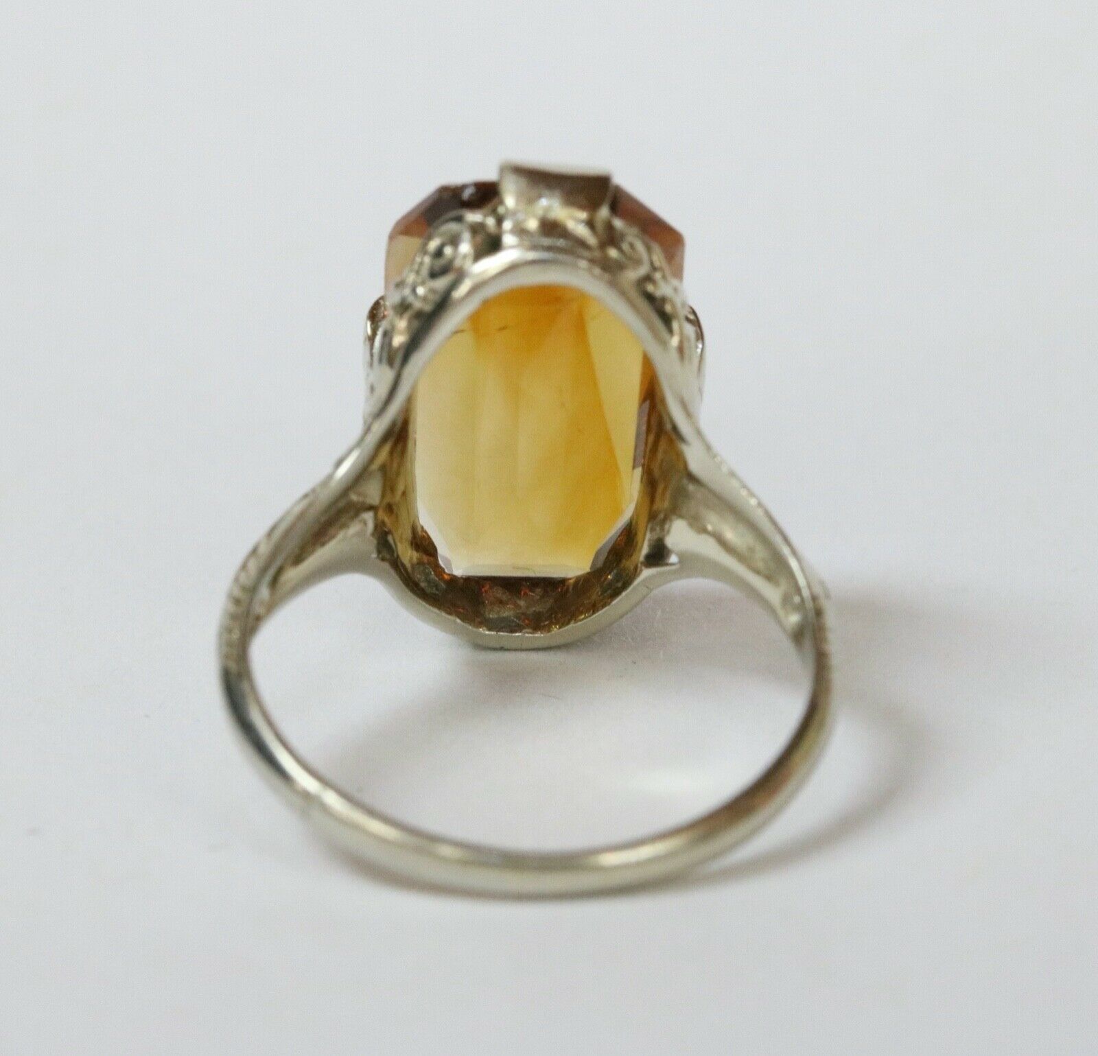 Art Deco Citrine 18K White Gold Filagree Ring