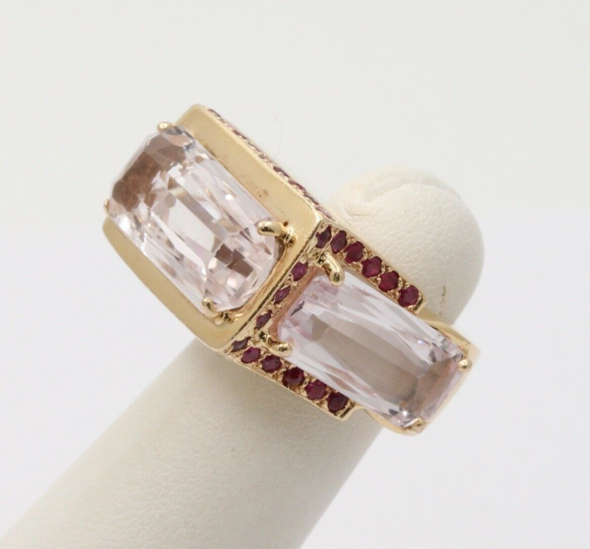 Striking 14K Yellow Gold Pink Kunzite And Ruby Tank Ring, Statement Ring
