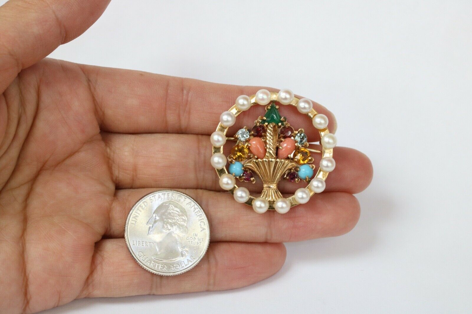 Beautiful Vintage Multi Stone Flower Basket Brooch