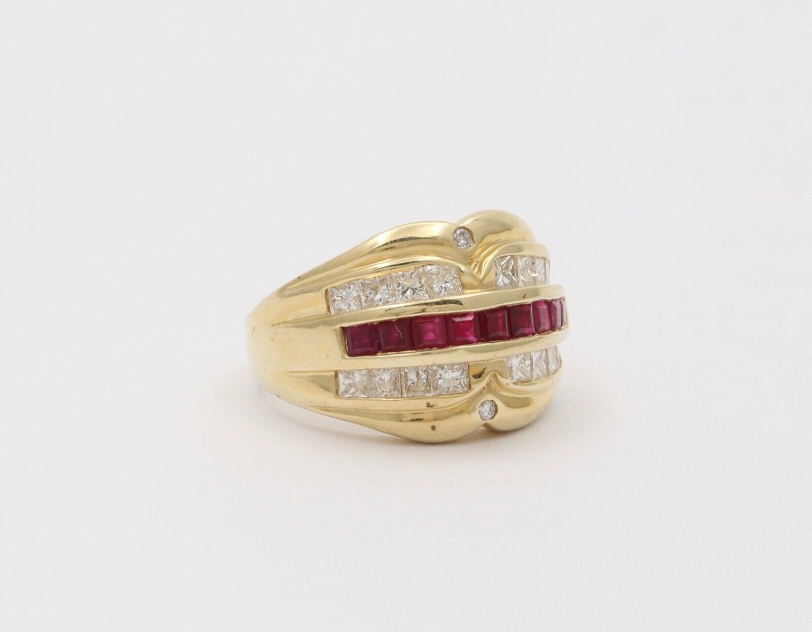 Vintage Chunky Table Cut Rubies Diamonds 14K Yellow Gold Ring