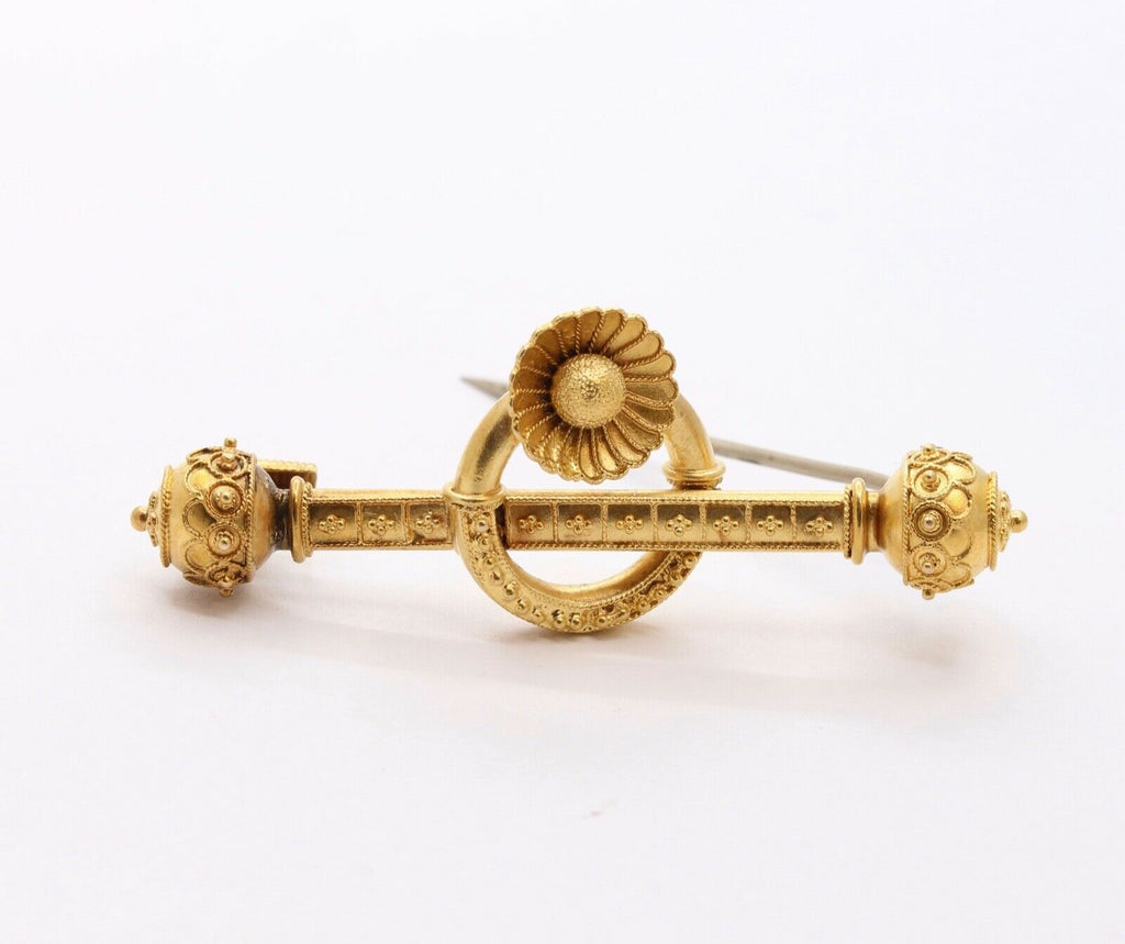 Victorian Etruscan Revival 14K Yellow Gold Brooch Pin