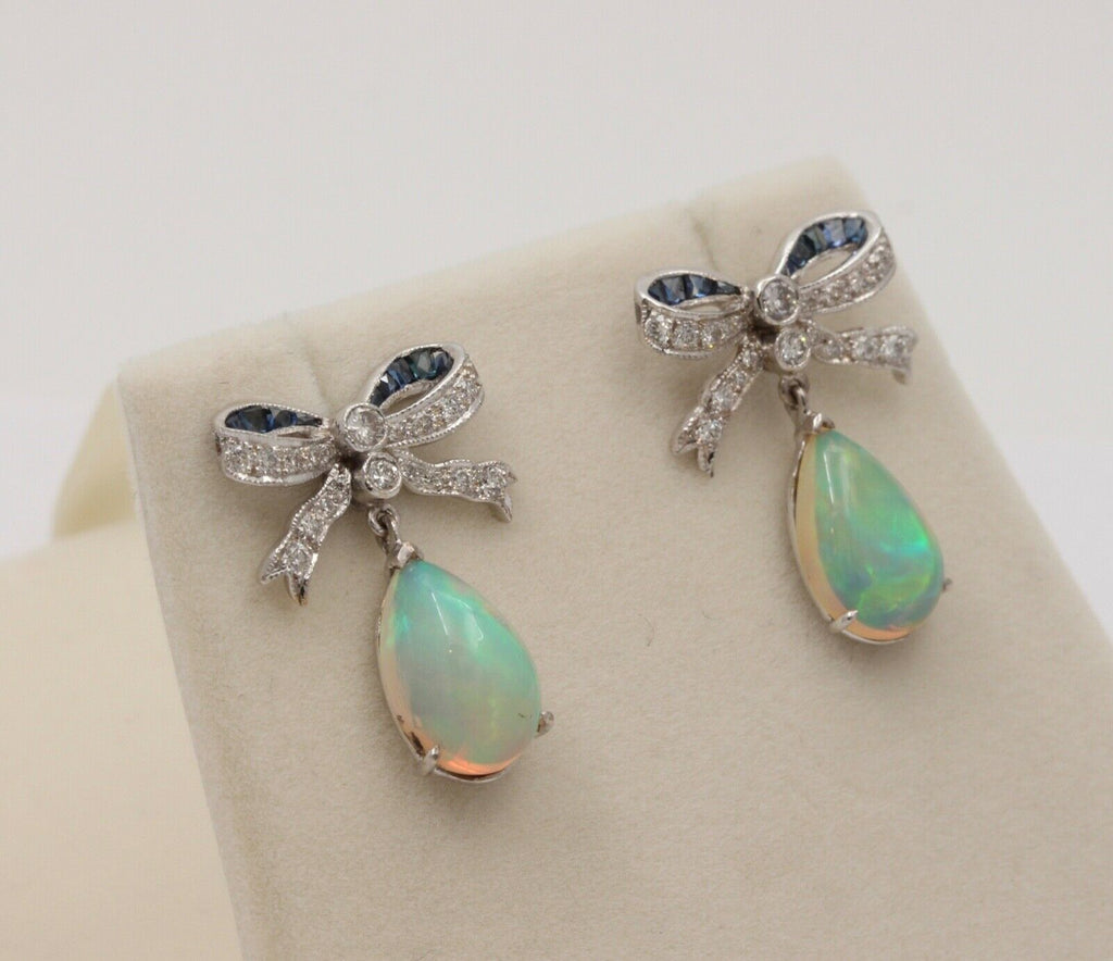 Vintage Estate Bow Opal, Diamond & Sapphire Dangling Earrings.