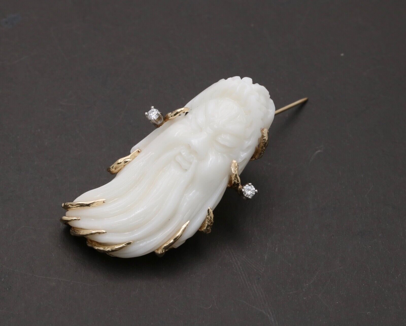 Vintage Carved White Coral Immortal Diamond 14K Yellow Gold Brooch