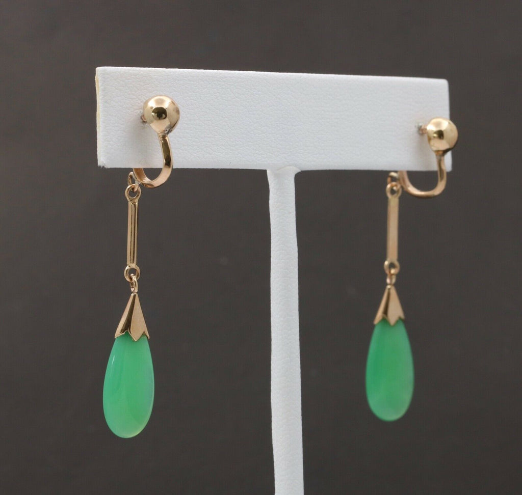 Vintage 14K Yellow Gold Green Chrysoprase Drop Earrings, Screw Back Earrings.