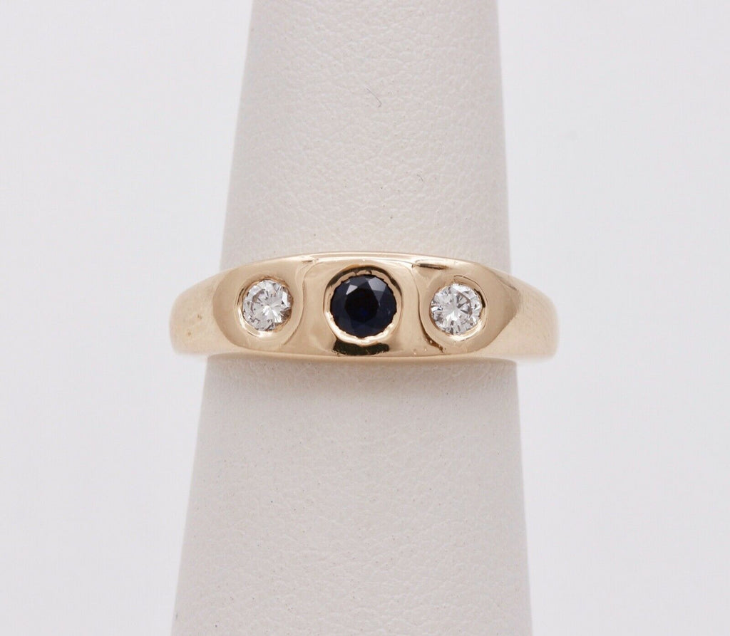 Unisex Vintage Mens Ladies Blue Sapphire Diamonds 14K Yellow Gold Ring
