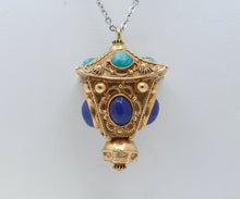 Load image into Gallery viewer, Victorian Street Lantern 18K Yellow Gold Chalcedony Turquoise Pendant
