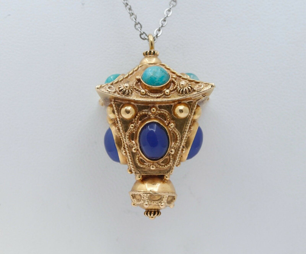 Victorian Street Lantern 18K Yellow Gold Chalcedony Turquoise Pendant