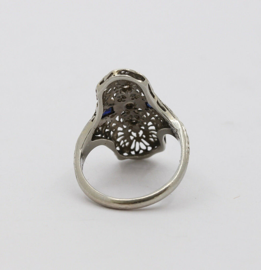 Art Deco 18K White Gold Diamonds Sapphires Ring