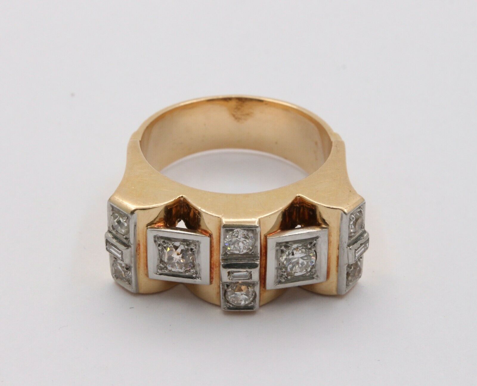 Retro 18K Yellow Gold Boxy Diamond Statement Ring