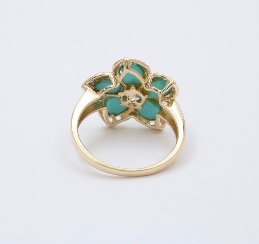 Vintage 18K Yellow Gold Turquoise & Diamond Flower RIng , Cocktail Ring