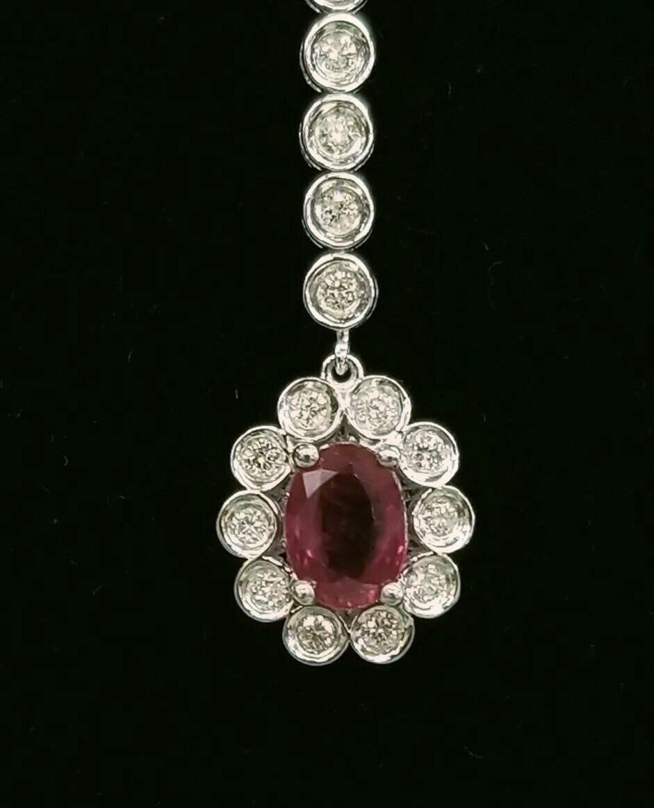 Vintage Ladies Oval Ruby Diamonds 18K White Gold Necklace