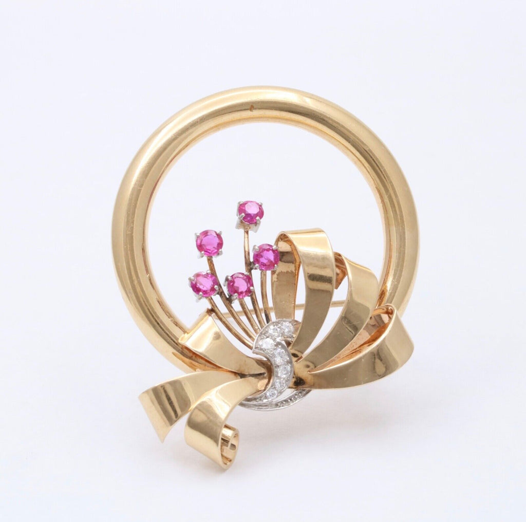 Vintage Bailey Banks & Biddle 14K Gold Ruby and Diamond Circle Ribbon Brooch