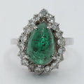 14K White Gold Cabochon Emerald Diamond Engagement Ring Alternative