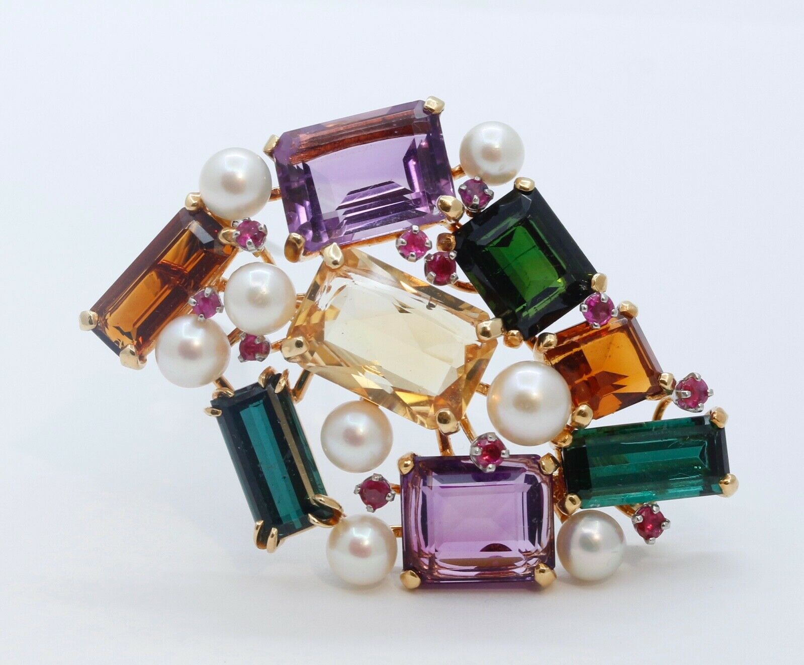Luxurious Vintage Multi Stone 18K Yellow Gold Pendant Brooch Pin