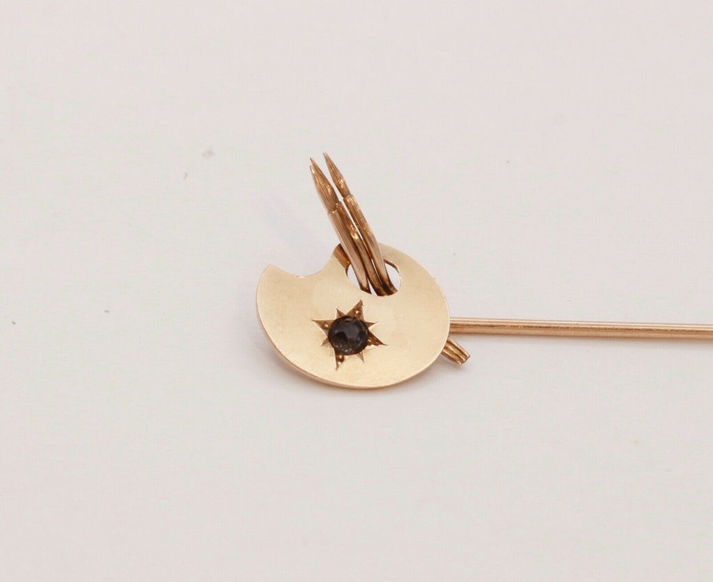 Vintage Paint Palette Blue Sapphire 14K Yellow Gold Stick Pin