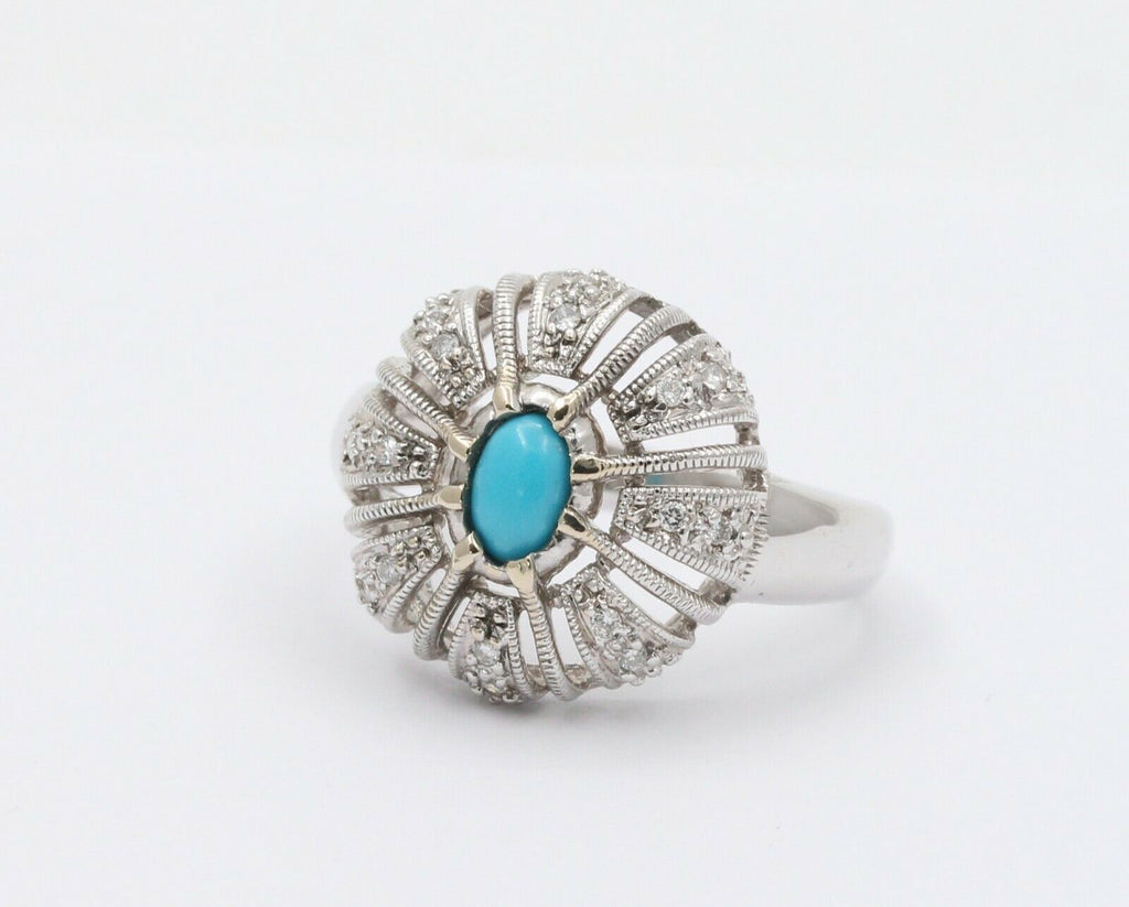Vintage 14K White Gold Turquoise Diamond Cocktail Ring