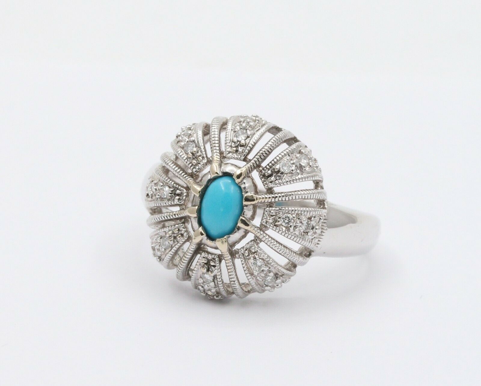 Vintage 14K White Gold Turquoise Diamond Cocktail Ring