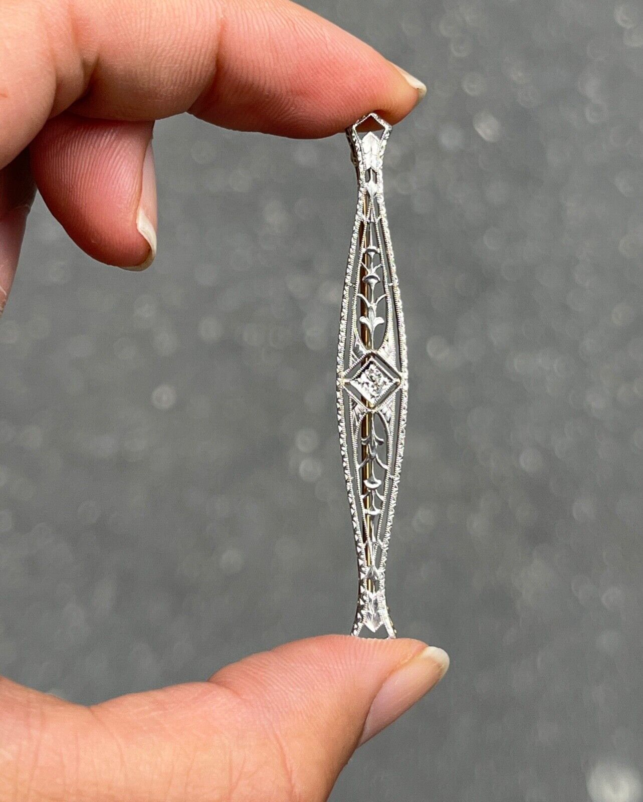 Art Deco Antique 14K Gold Diamond Filigree Bar Pin