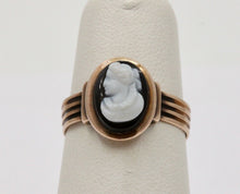 Load image into Gallery viewer, Antique Victorian Carved Black Onyx Woman&#39;s Portrait Rose Gold Ring Band.
