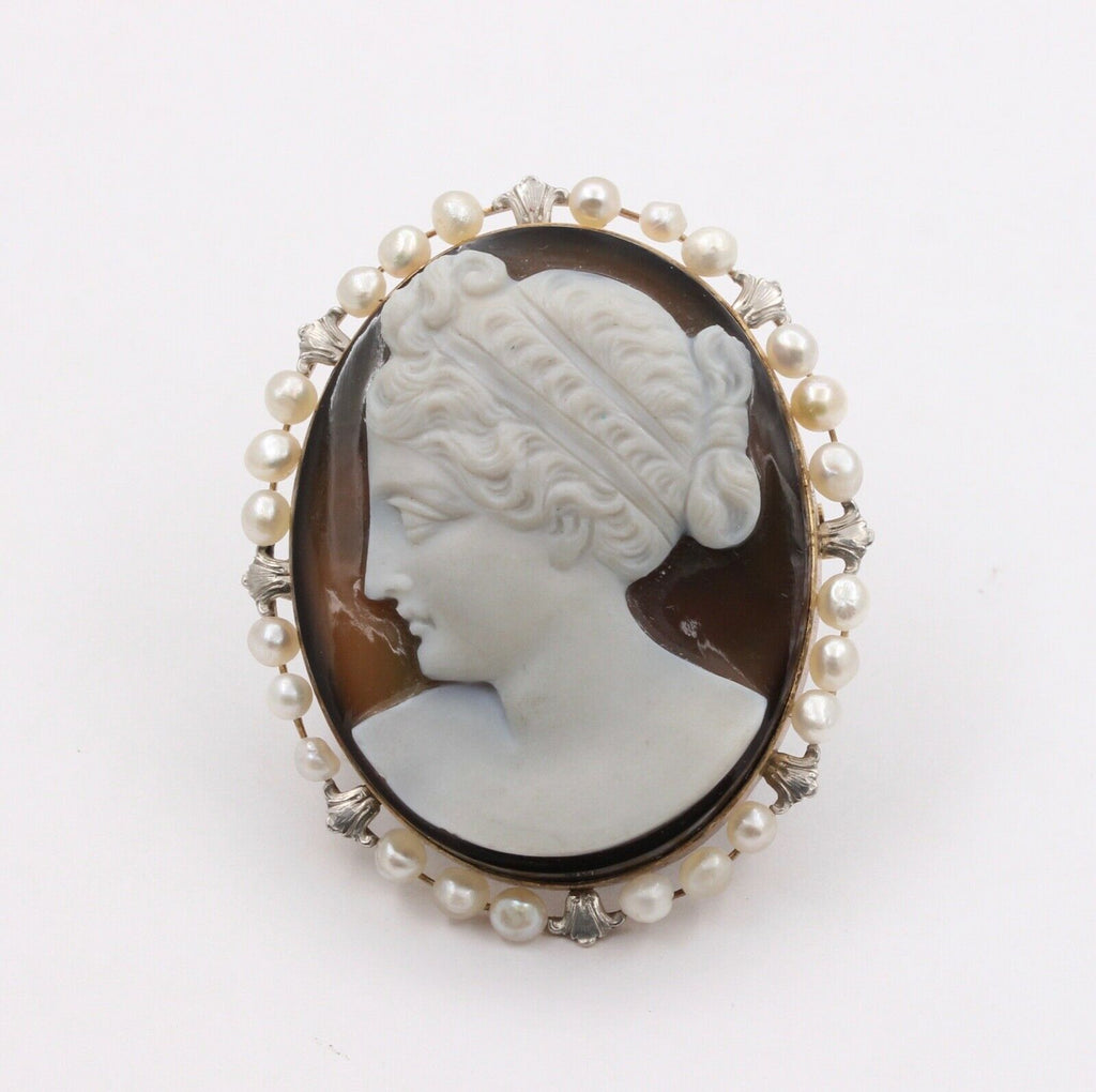 Victorian Agate Cameo Pearls 14K Rose Gold Brooch Pin