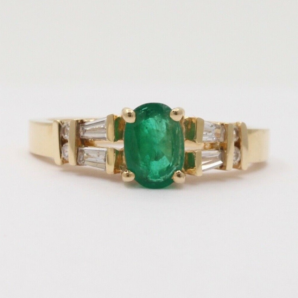 Lovely Vintage Emerald Baguette Diamonds 14K Yellow Gold Ring