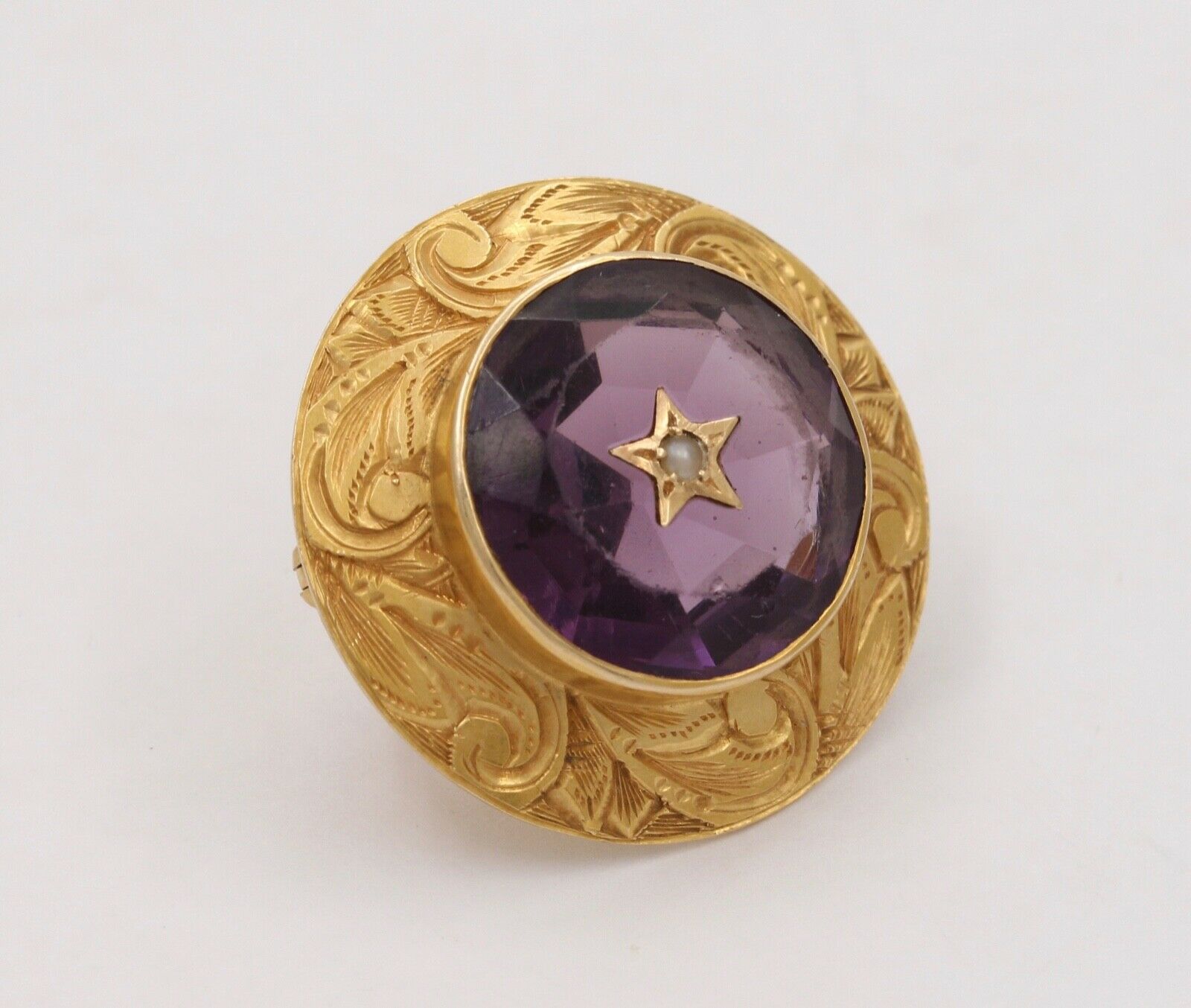Victorian 14K Yellow Gold Amethyst & Seed Pearl Brooch Pin