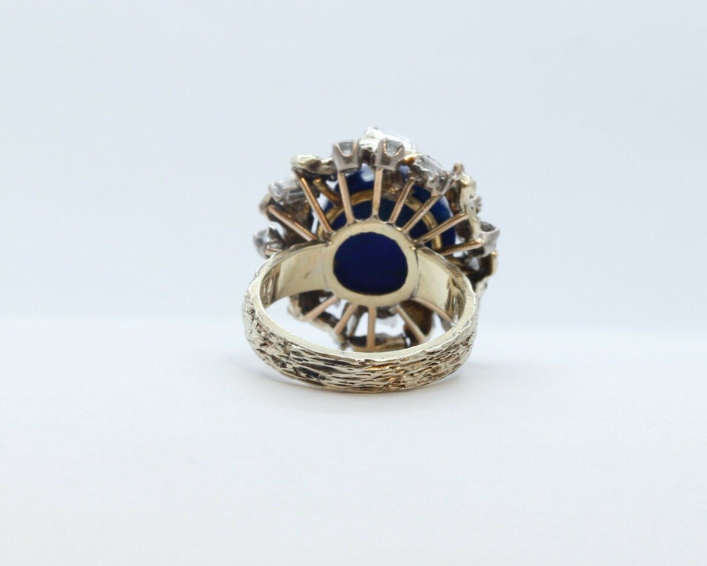 Vintage Tree Vine Cabochon Lapis Lazuli Diamonds 14K Yellow Gold Ring