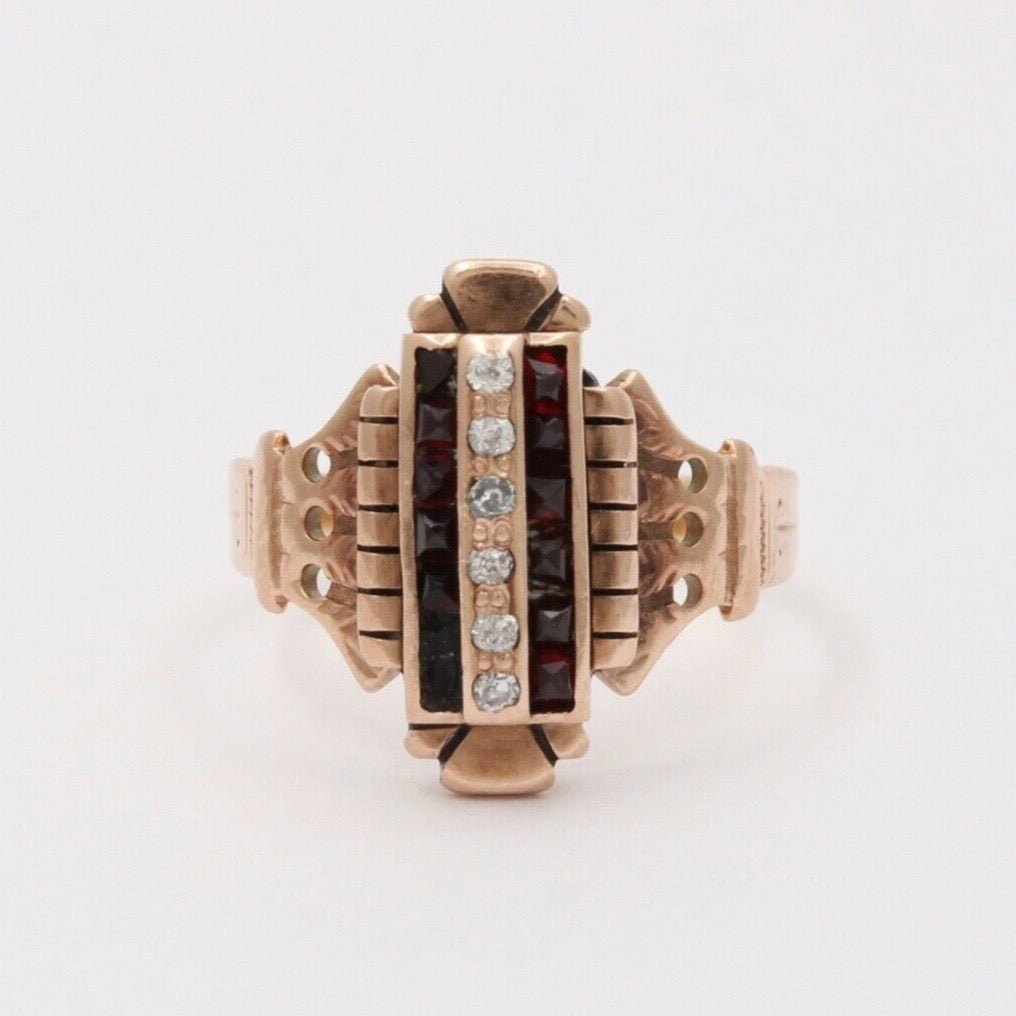 Art Deco Diamonds Garnets 14K Rose Gold Ring