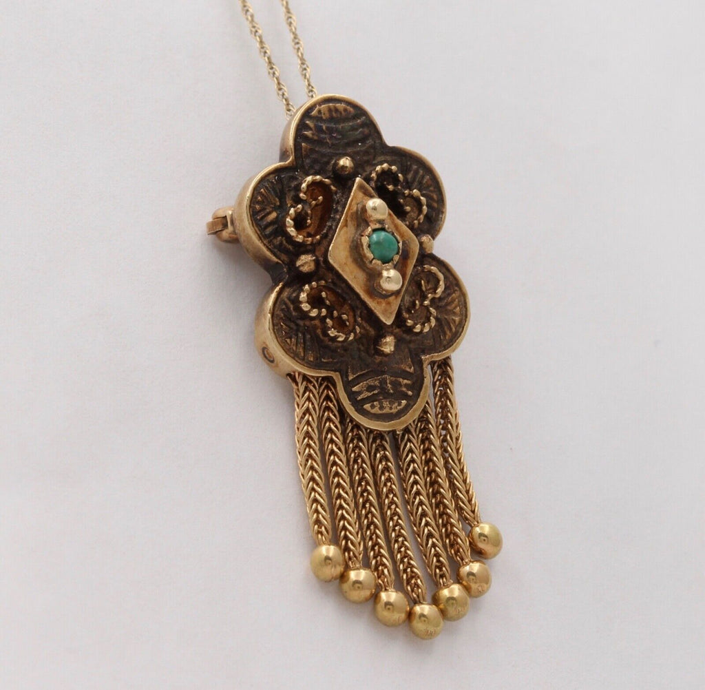 Victorian 14K Yellow Gold Shield Turquoise Foxtail Pendant Brooch