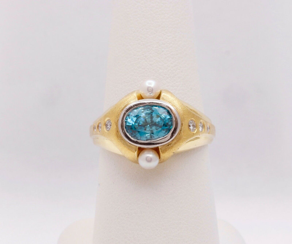 Unisex Mens Ladies Blue Zircon Diamonds Pearls Platinum 18K Yellow Gold Ring
