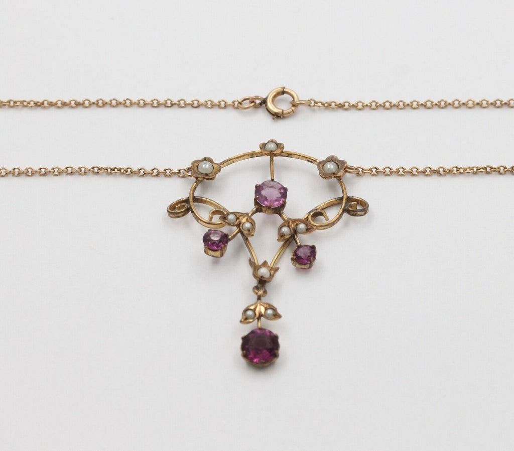 Art Nouveau 14K Gold Filed Amethyst & Split Pearl Pendant, Necklace.