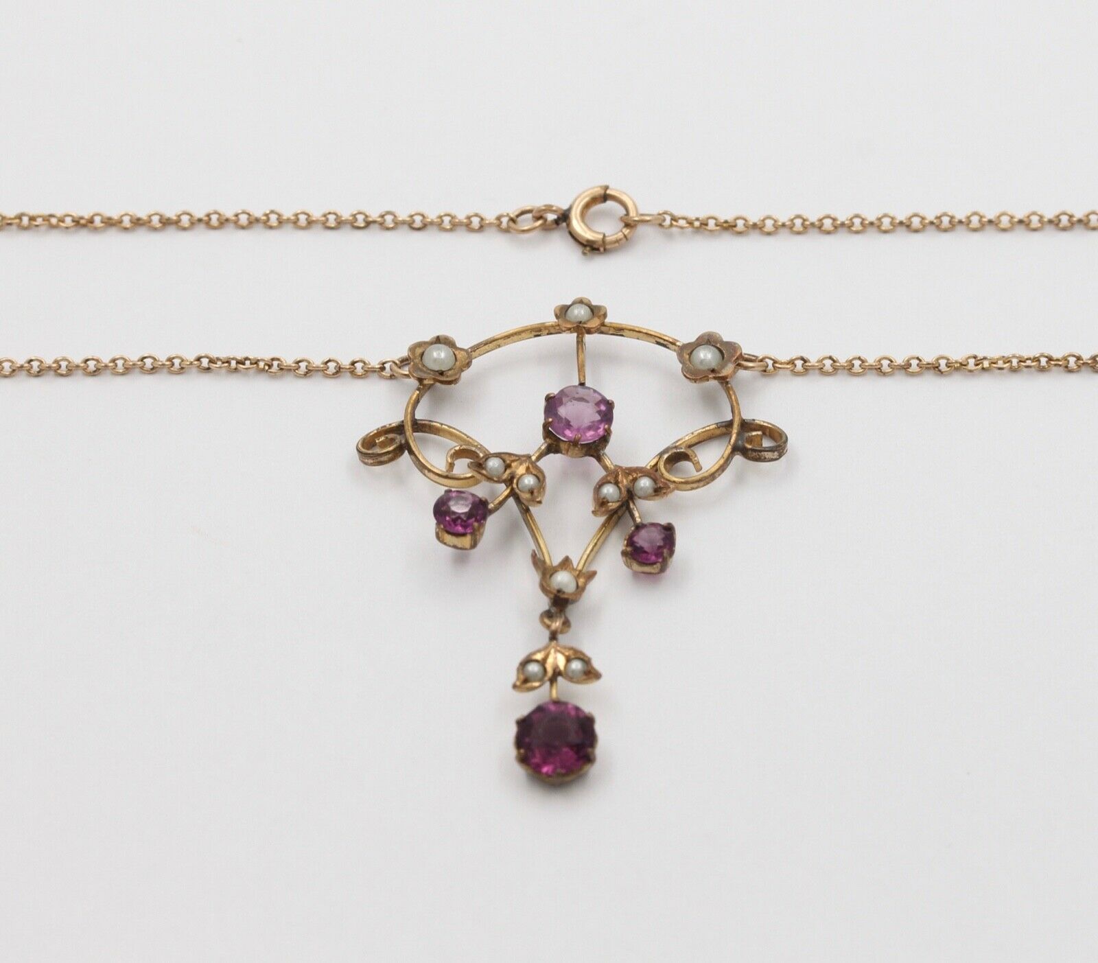 Art Nouveau 14K Gold Filed Amethyst & Split Pearl Pendant, Necklace.
