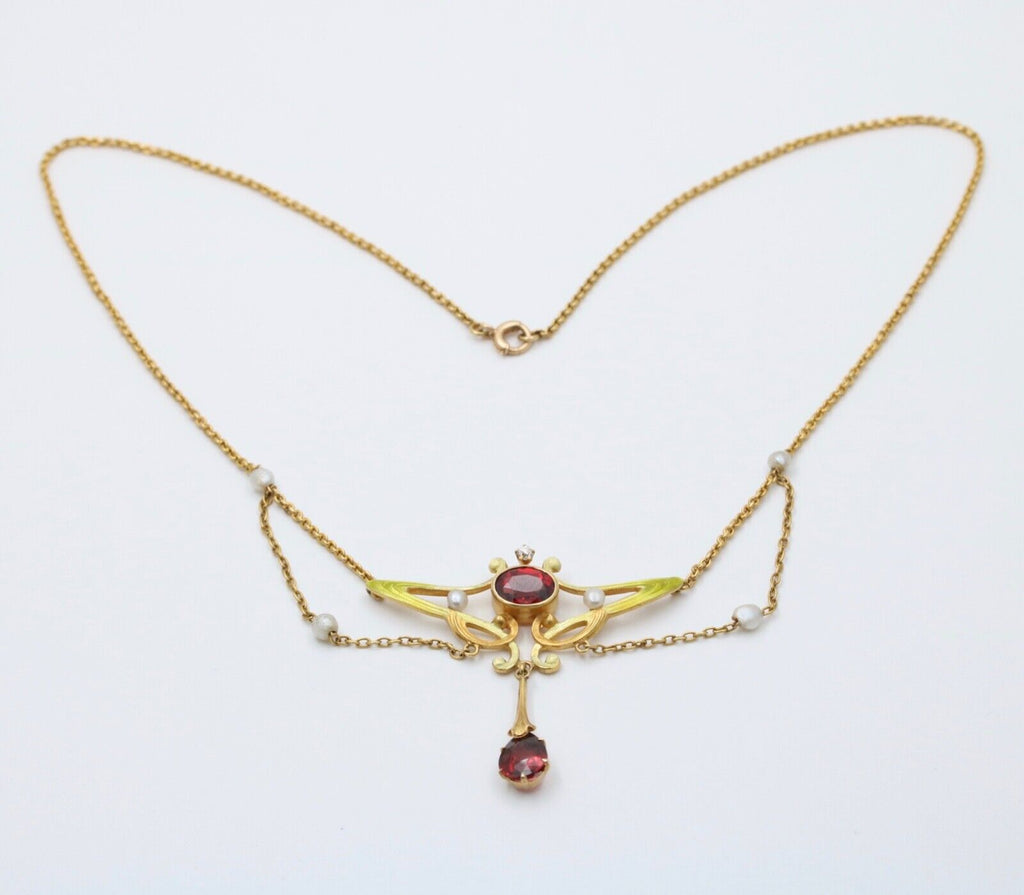 Art Nouveau 14K Yellow Gold Garnet & Pearl Enamel Festoon Necklace.