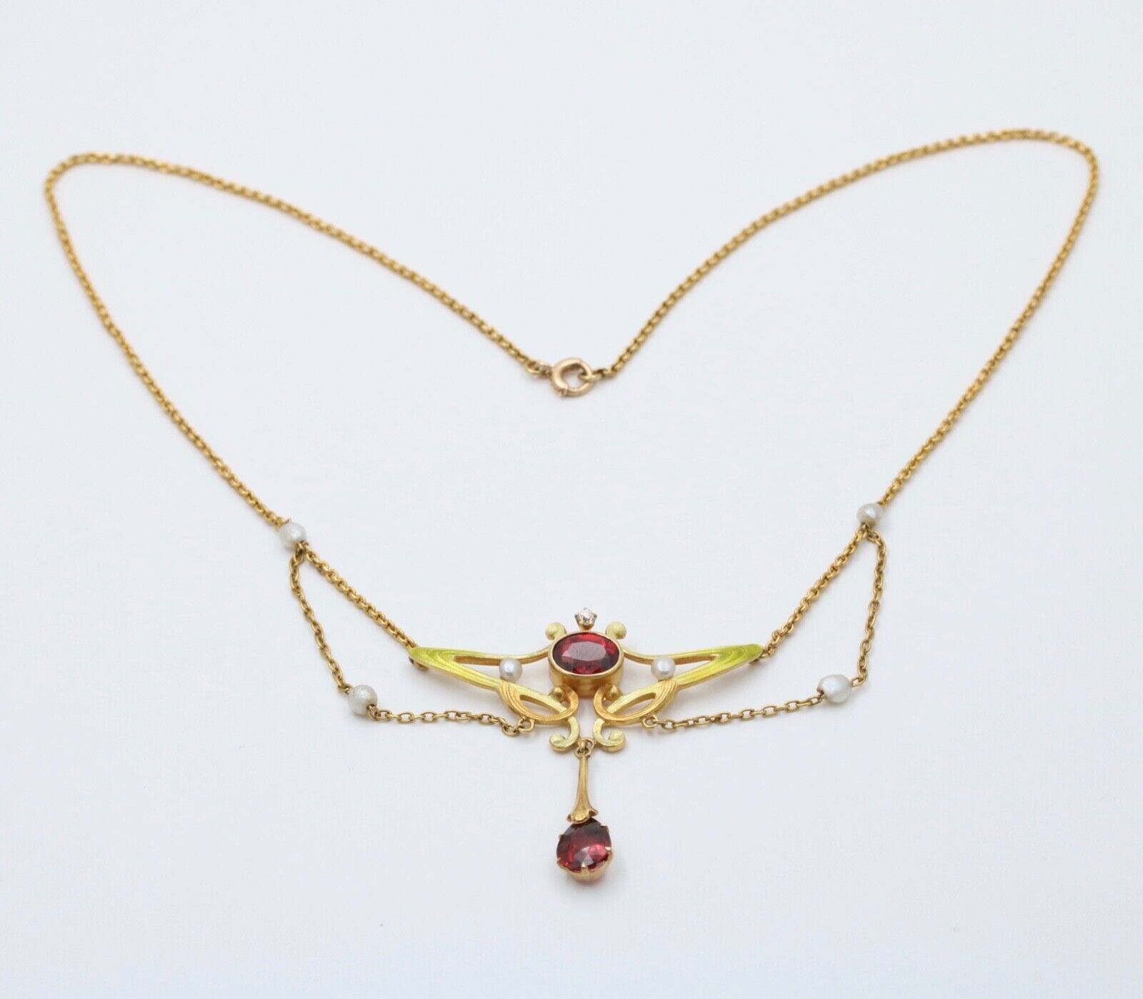 Art Nouveau 14K Yellow Gold Garnet & Pearl Enamel Festoon Necklace.