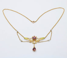 Load image into Gallery viewer, Art Nouveau Pendant Chain Garnet Natural Pearls Diamonds 14K Yellow Gold
