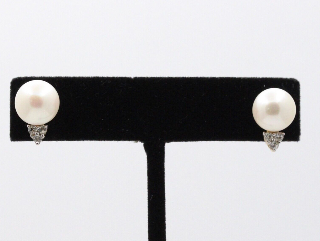 Classic 10K Yellow Gold 9.8 mm Pearl & Diamond Studs Earrings,