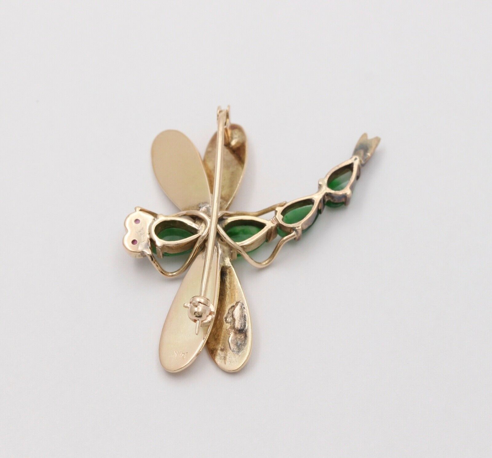 Vintage Dragonfly Jade Tourmalines 14K Yellow Gold Brooch Pin