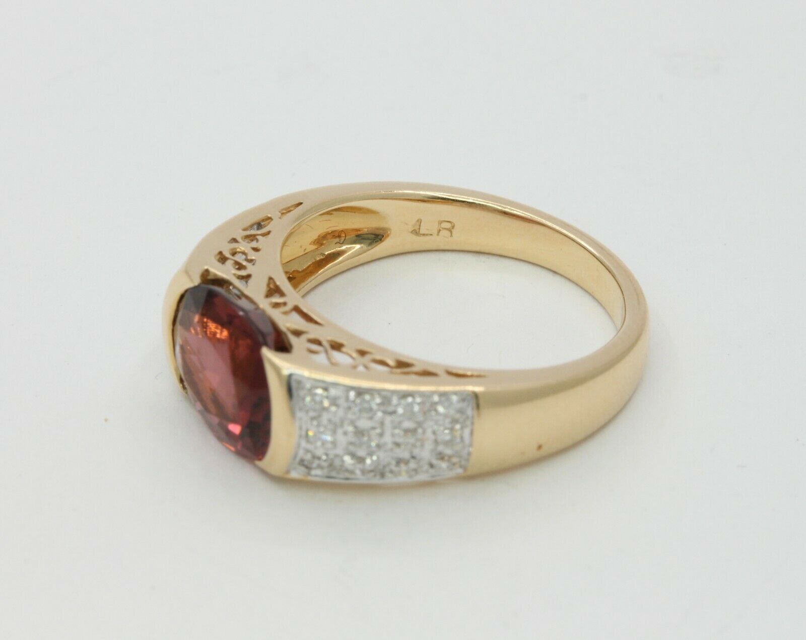 Vintage 14K Yellow Gold Diamond Orangy Pink Tourmaline Ring