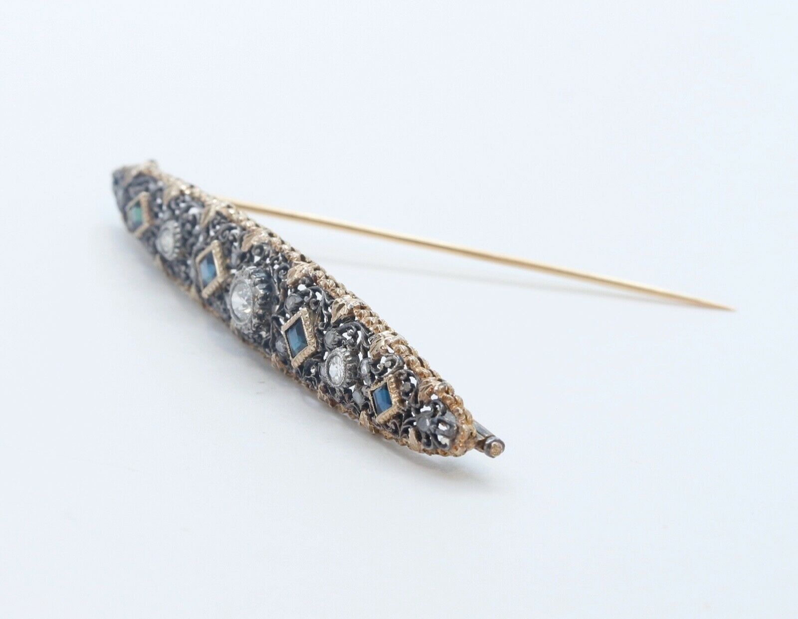 Edwardian 18K Yellow Gold Sterling Silver Diamonds Sapphires Brooch Pin