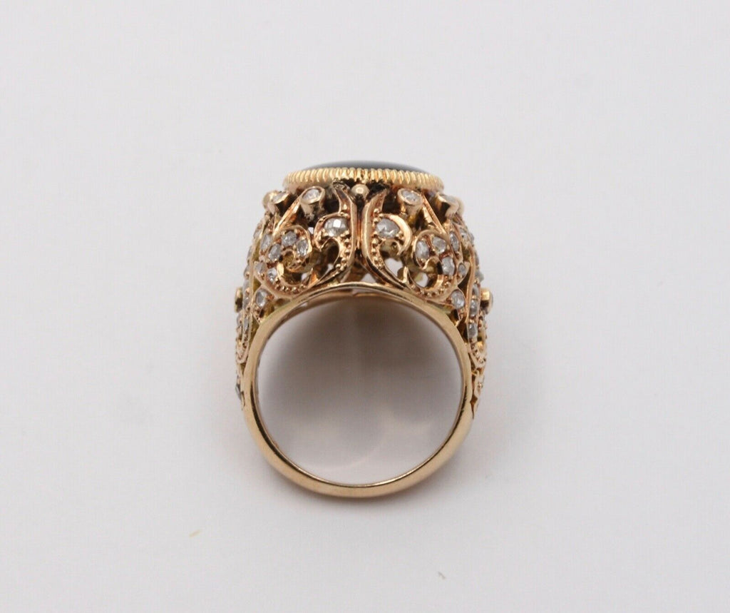 Vintage Black Star Sapphire Rose Cut Diamonds 18K Yellow Gold Ring