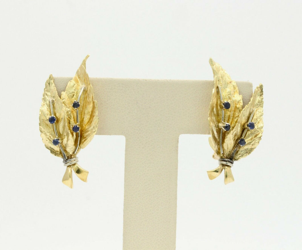 Vintage 18K Yellow Gold Sapphire Leaf Earrings