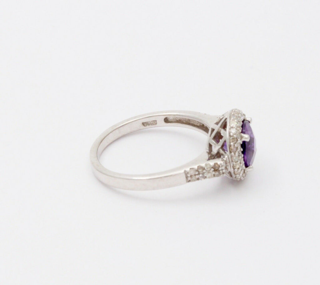 Vintage 14K White Gold Round Amethyst Diamond Halo Ring, Engagement Ring