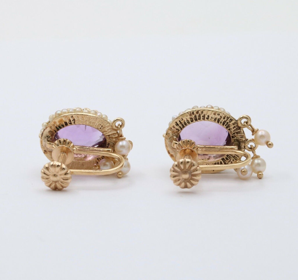 Victorian Revival Amethyst Pearls 14K Yellow Gold Earrings