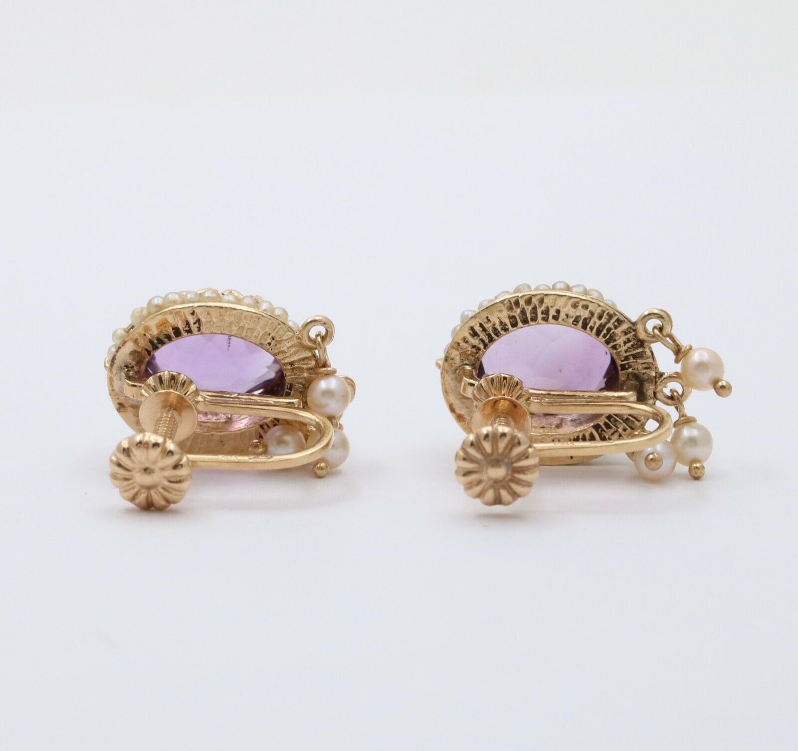 Victorian Revival Amethyst Pearls 14K Yellow Gold Earrings