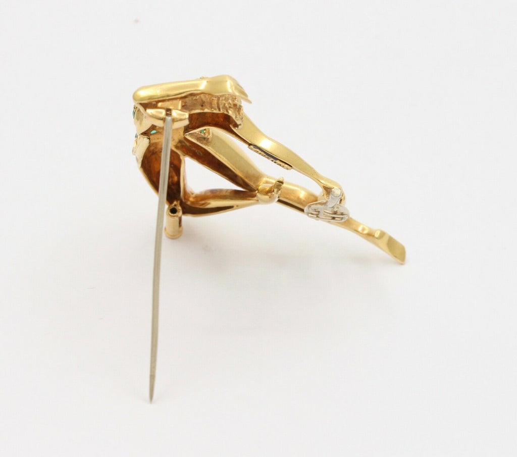 Italian Tennis Player Emeralds Pearl 18K Yellow Gold Brooch
