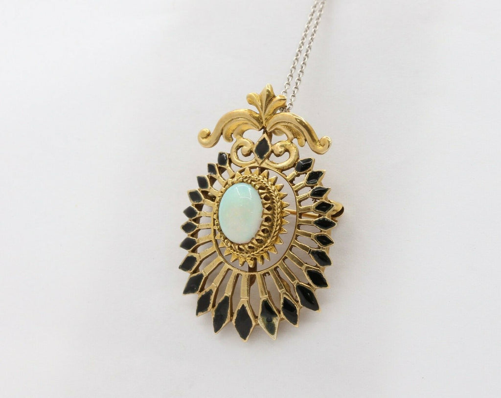 Vintage 14K Yellow Gold Opal Enamel Pendant Brooch