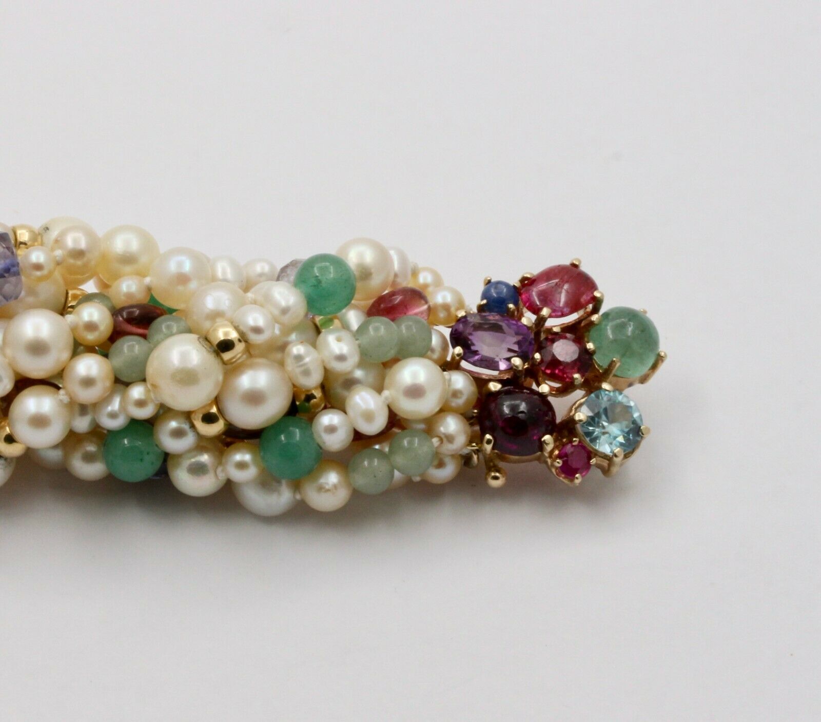 Vintage Multi-color Gem Stone Beaded Pearl 14K Yellow Gold Bracelet.